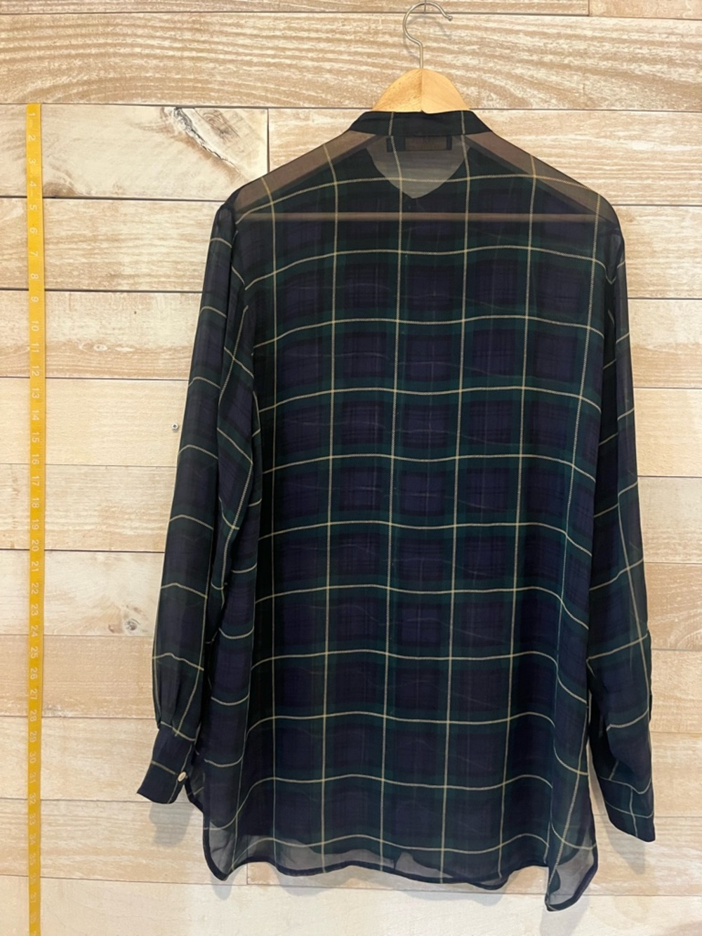 Polo by Ralph Lauren Navy and Green Plaid Sheer Button-Up Blouse - Picture 2 of 5